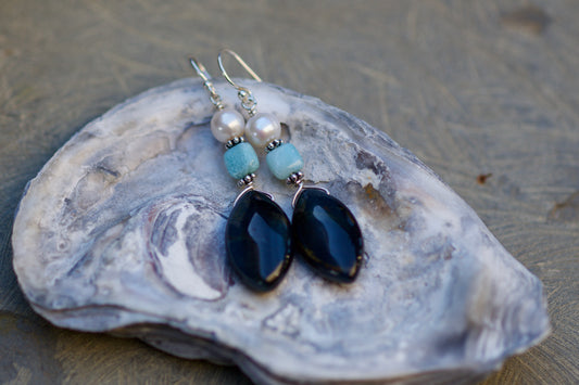 Hawk Eye (Blue Tiger Eye), Larimar, Freshwater Pearl, and Sterling Silver Earrings