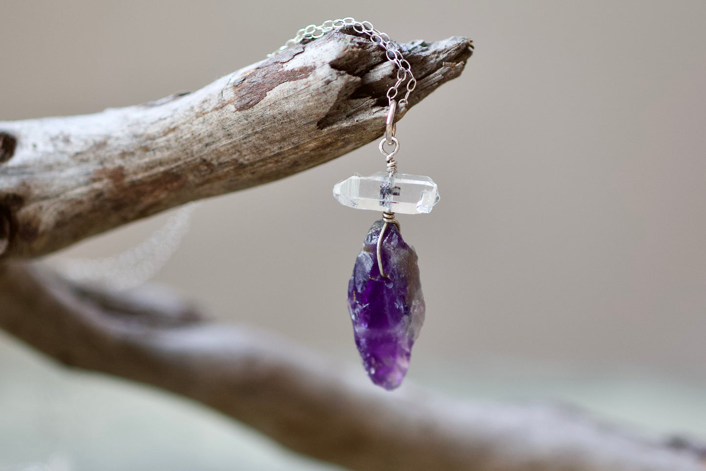 Double Termination Tibetan Clear Quartz Crystal with Black Mineral Inclusions, Raw Amethyst, and Sterling Silver Pendant Necklace