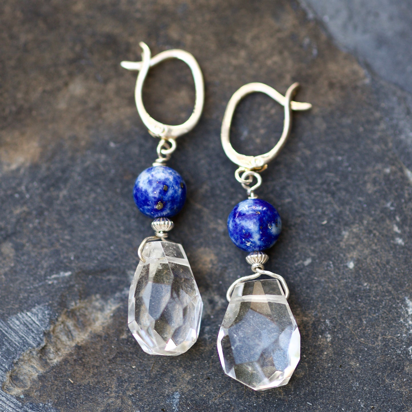 Lapis Lazuli, Faceted Clear Quartz, and Sterling Silver Earrings