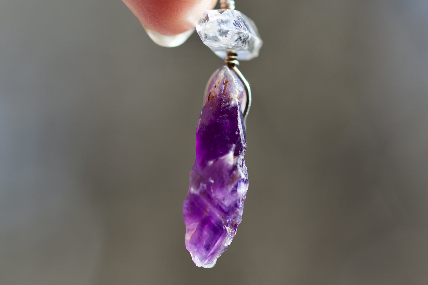 Double Termination Tibetan Clear Quartz Crystal with Black Mineral Inclusions, Raw Amethyst, and Sterling Silver Pendant Necklace