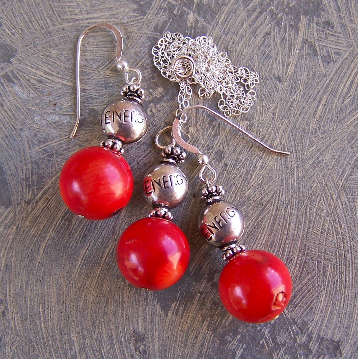 Sale! Red Coral, Sterling Silver "ENERGY" Affirmation Message Earrings and Pendant Set