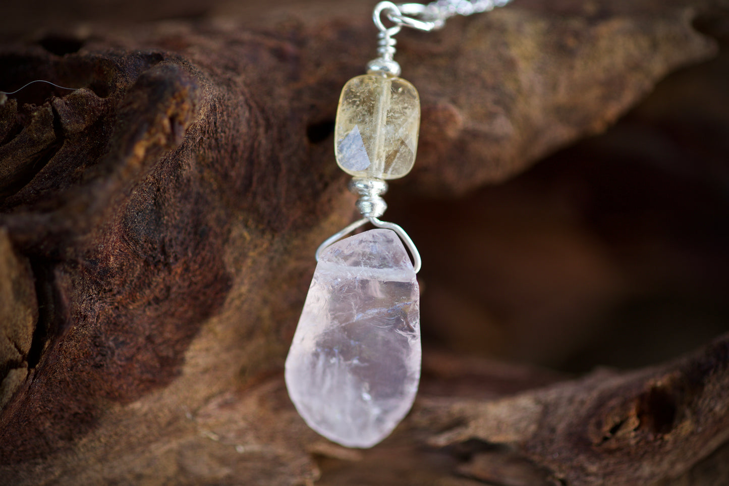 Sale! Citrine, Rose Quartz, Thai and Sterling Silver Pendant Necklace