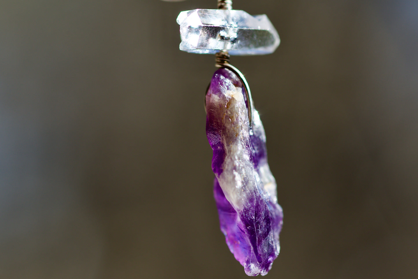 Double Termination Tibetan Clear Quartz Crystal with Black Mineral Inclusions, Raw Amethyst, and Sterling Silver Pendant Necklace