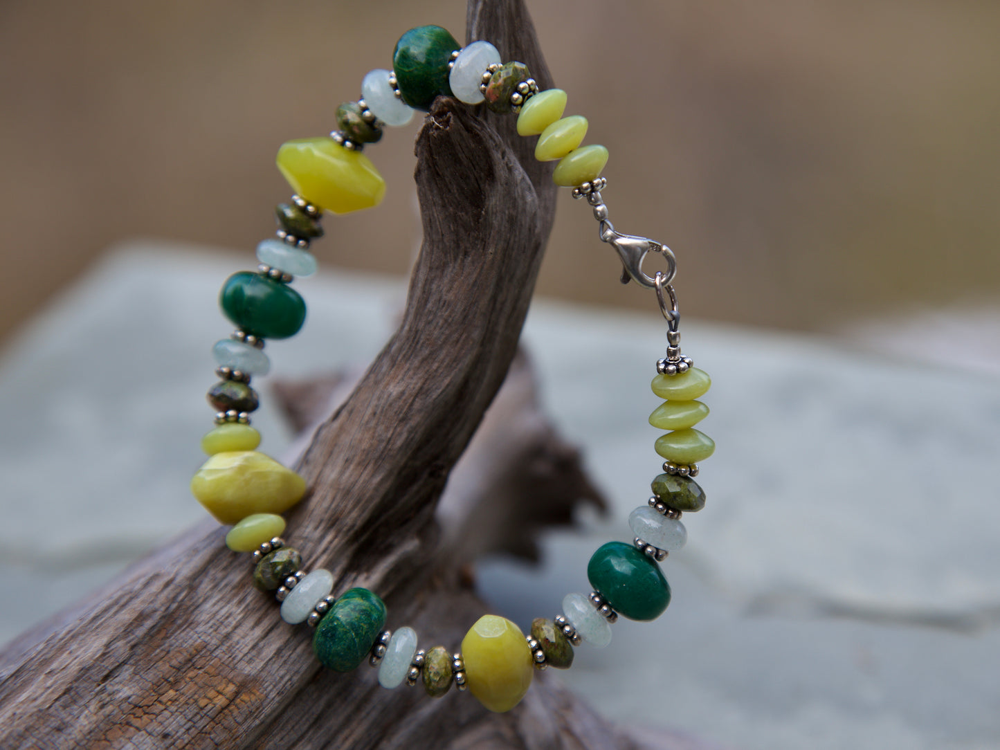 Shades of Green Stone and Sterling Silver Bracelet to fit a 7.75" wrist