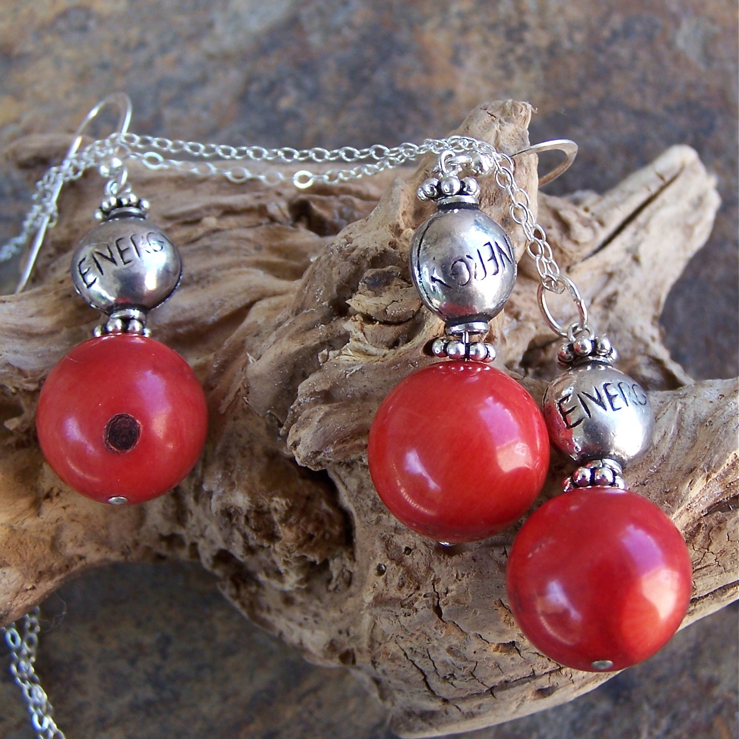 Sale! Red Coral, Sterling Silver "ENERGY" Affirmation Message Earrings and Pendant Set