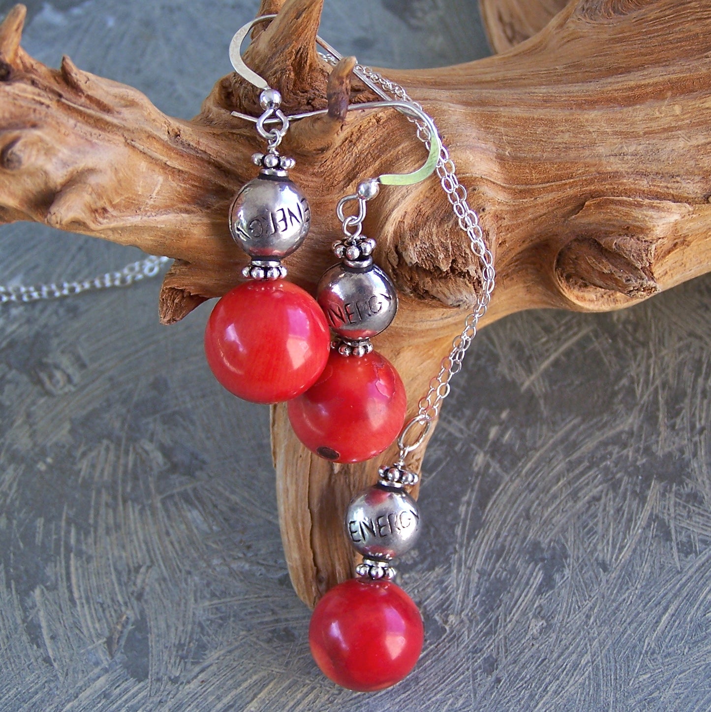 Sale! Red Coral, Sterling Silver "ENERGY" Affirmation Message Earrings and Pendant Set