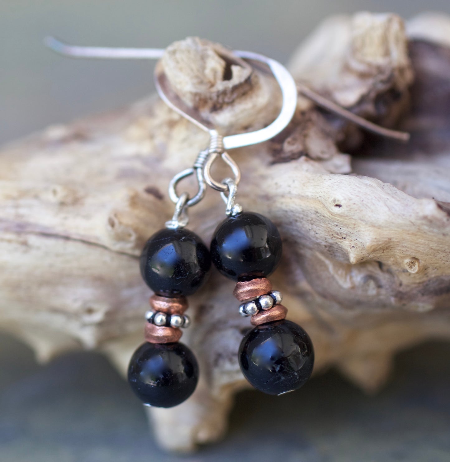 Black Onyx, Copper, and Sterling Silver Earrings