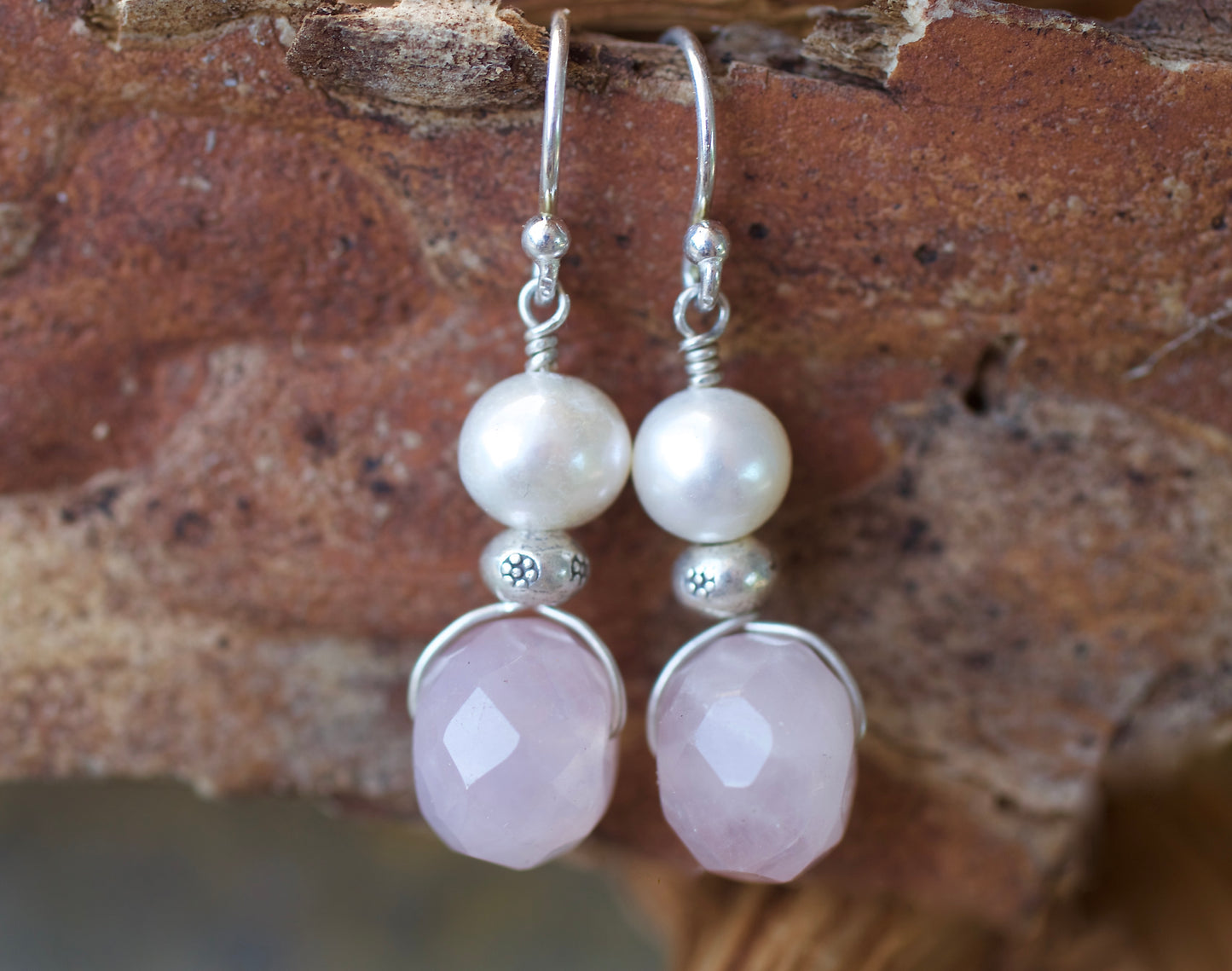 Freshwater Pearl, Rose Quartz, Thai and Sterling Silver Earrings