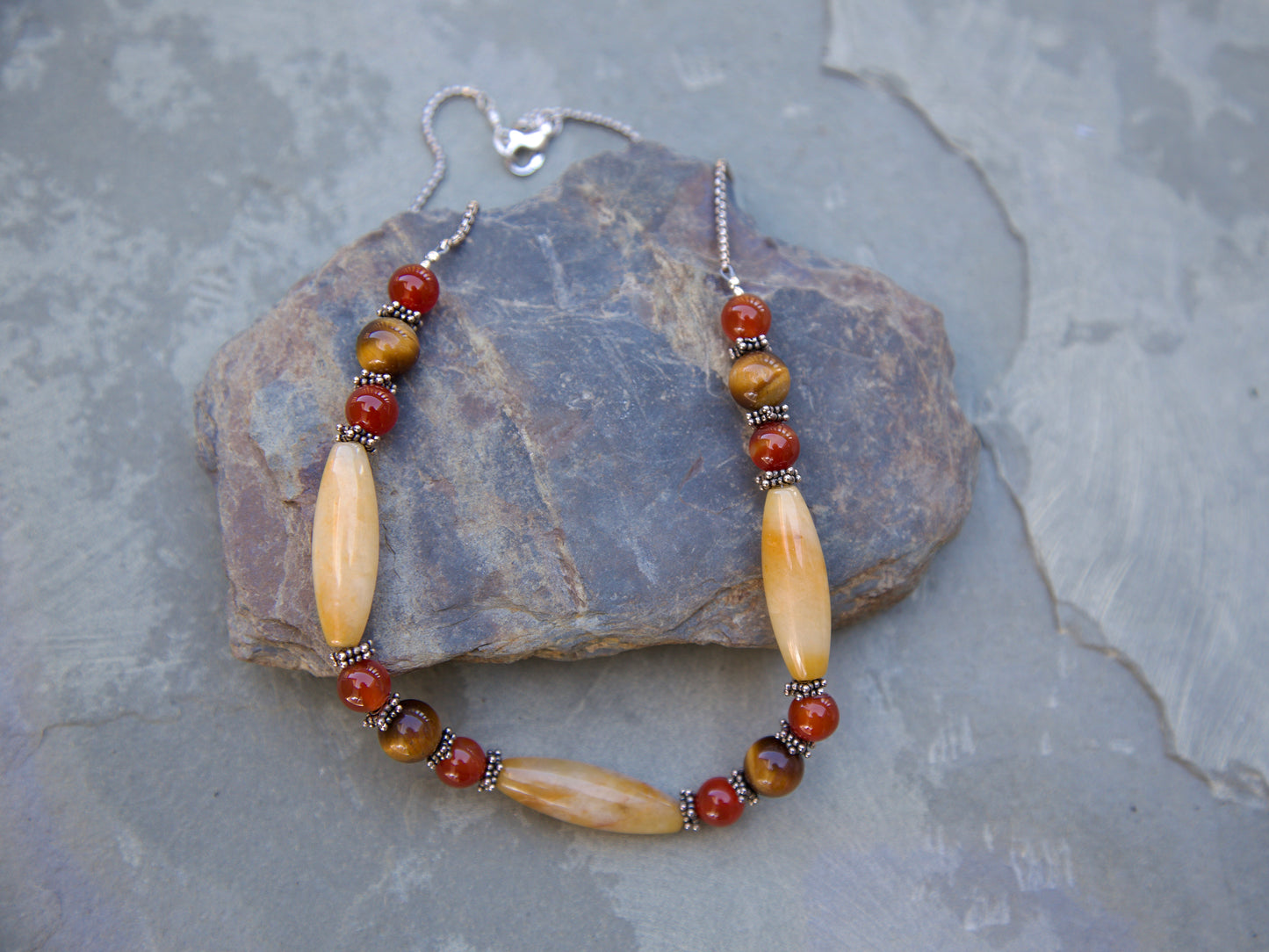 Agate, Carnelian, Tiger Eye, and Sterling Silver Necklace