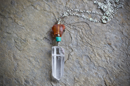 Raw Carnelian, Turquoise, Clear Quartz Point and Sterling Silver Pendant Necklace