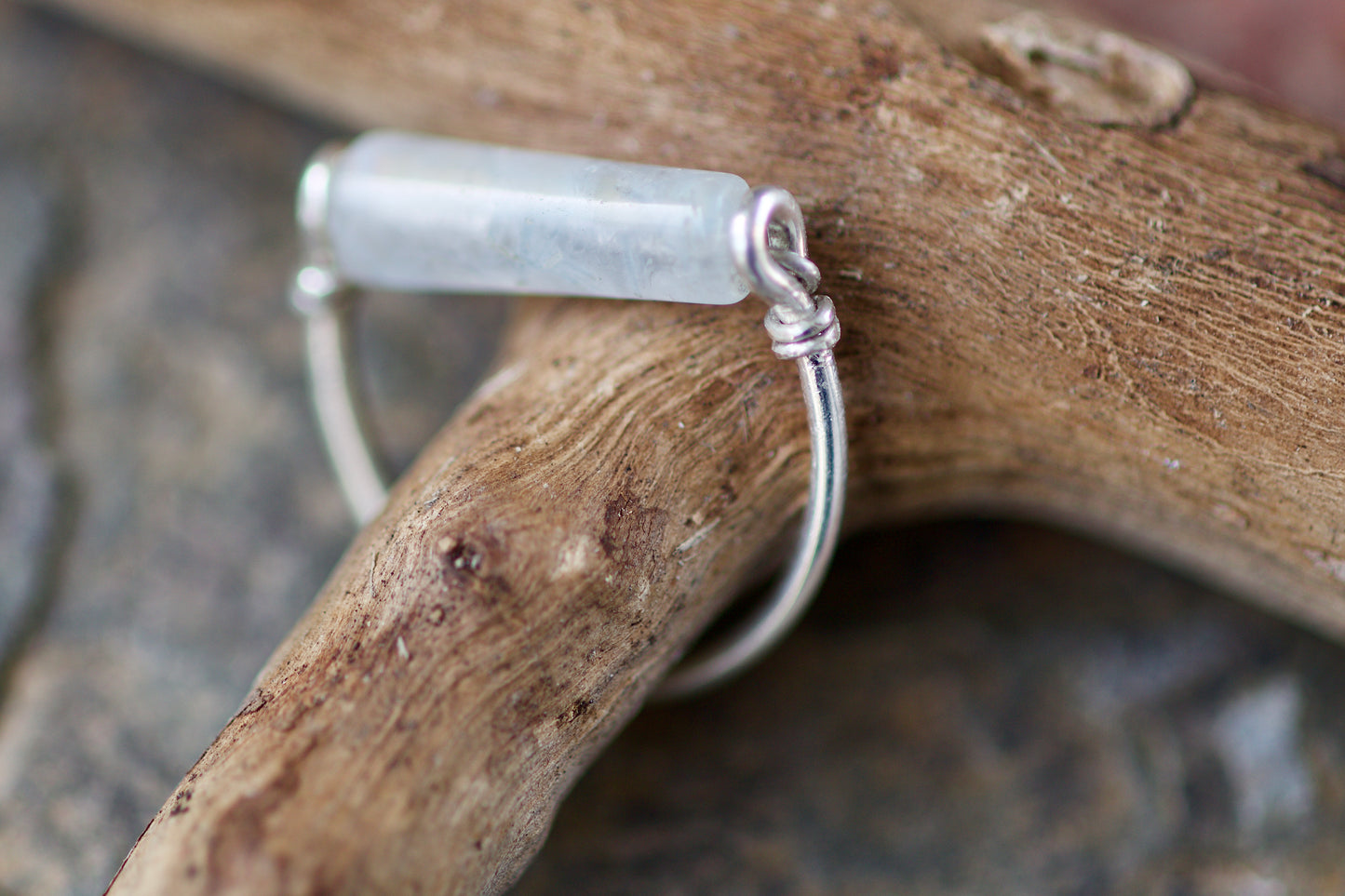 Rainbow Moonstone and Sterling Silver Wire Ring, size 5.75