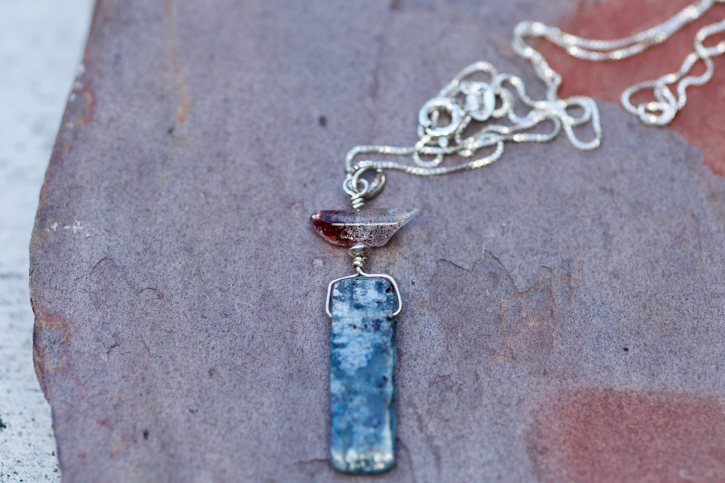 Harlequin /Fire/ Lepidocrosite Quartz, Blue Kyanite, and Sterling Silver Pendant Necklace