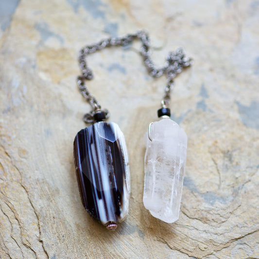 Black Banded Agate, Obsidian, Clear Quartz Warrior and Dolphin Crystal, and Sterling Silver Double-sided Pendulum