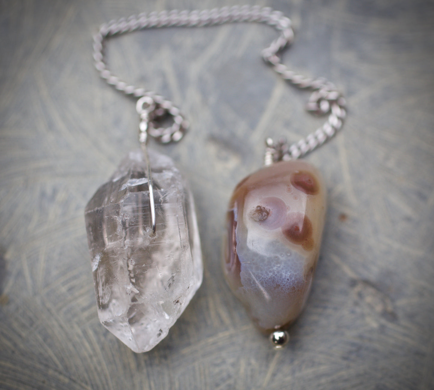Double Termination Clear Quartz Warrior Crystal, Botswana Agate, and Sterling Silver Double-sided Pendulum