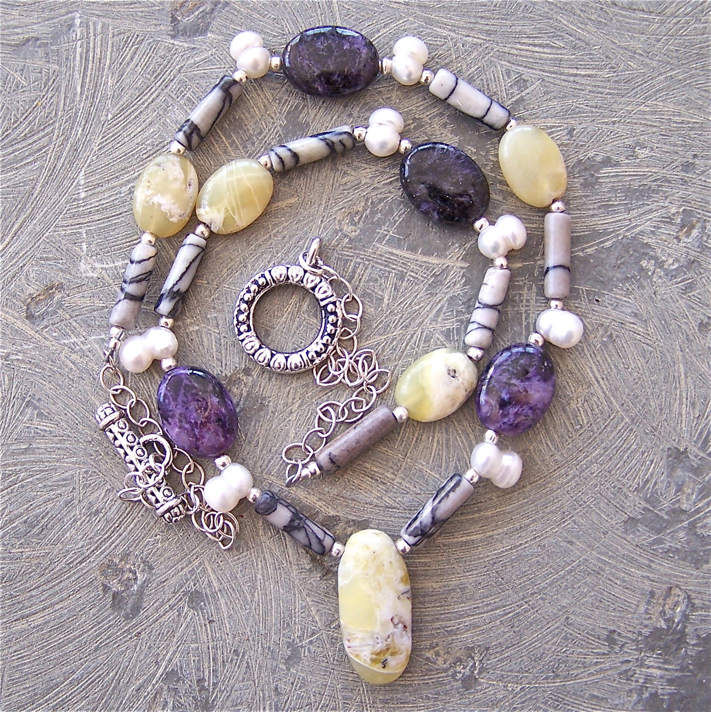 Yellow Opal, Black Webbed Jasper, Sugilite, Freshwater Pearl, Bali and Sterling Silver Necklace and Coordinating Earrings Set