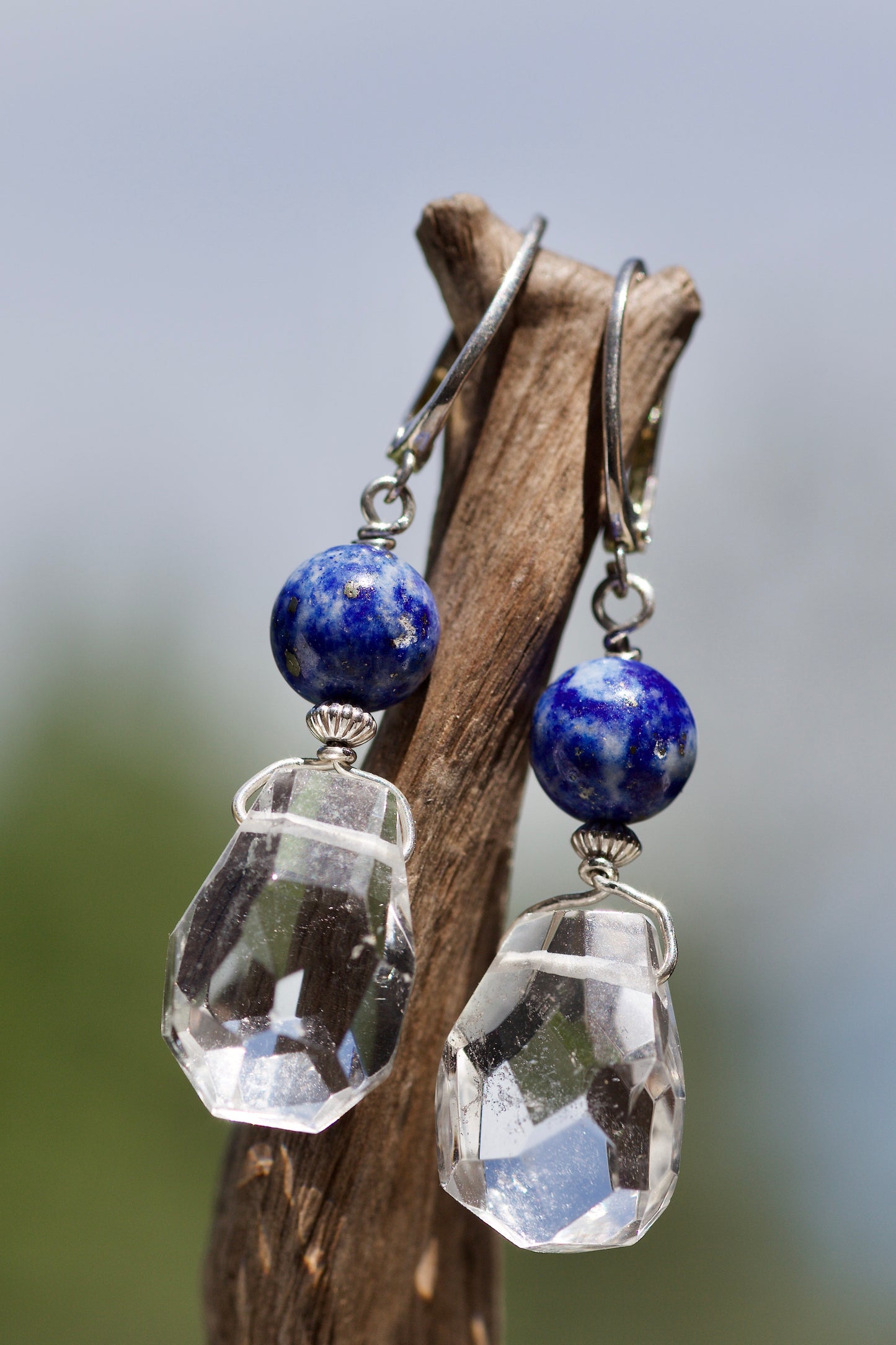 Lapis Lazuli, Faceted Clear Quartz, and Sterling Silver Earrings