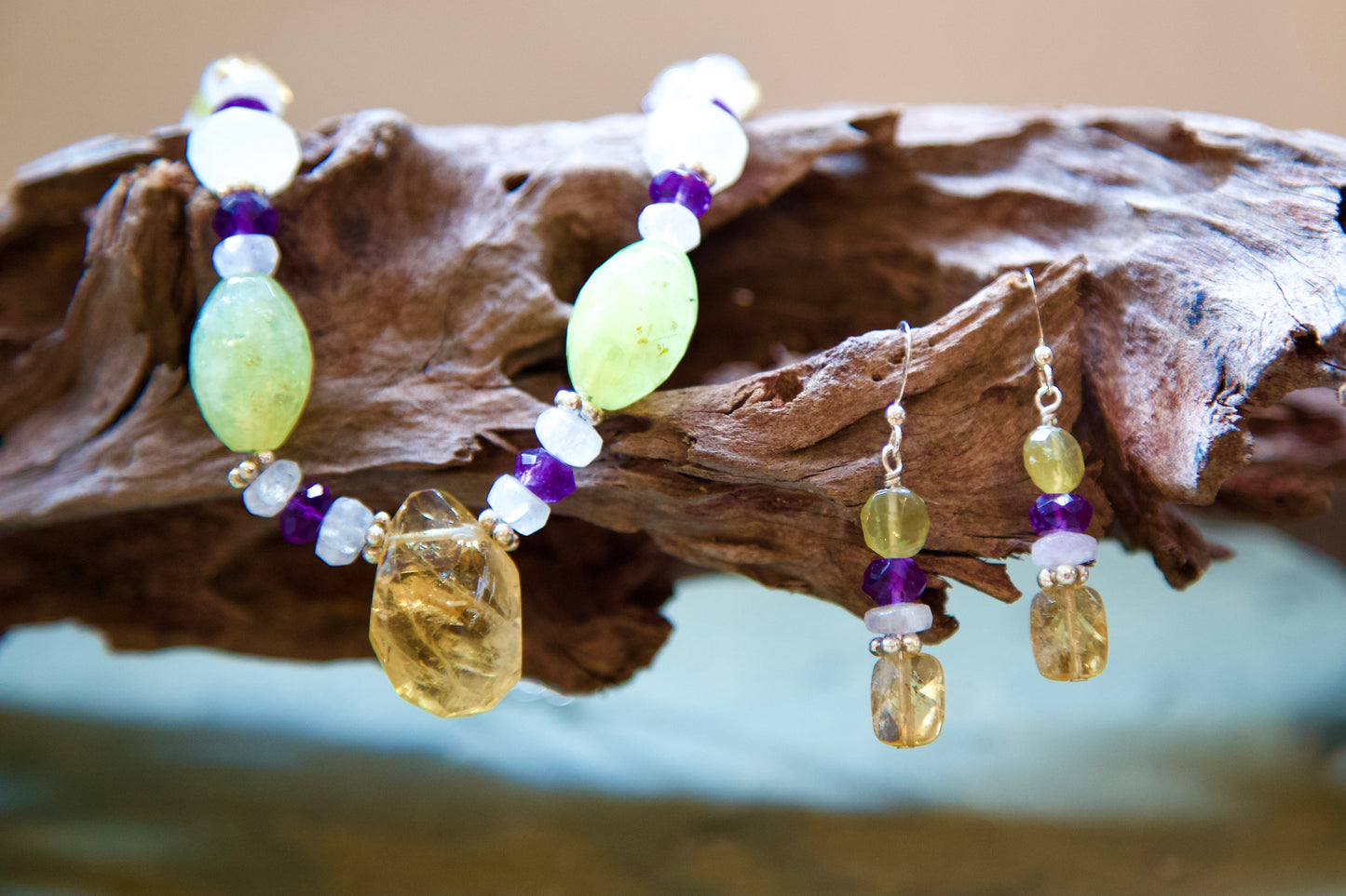 Citrine, Prehnite, Amethyst, Colorless Calcite, Rainbow Moonstone, Clear Quartz, and Sterling Silver Necklace and Earrings Set