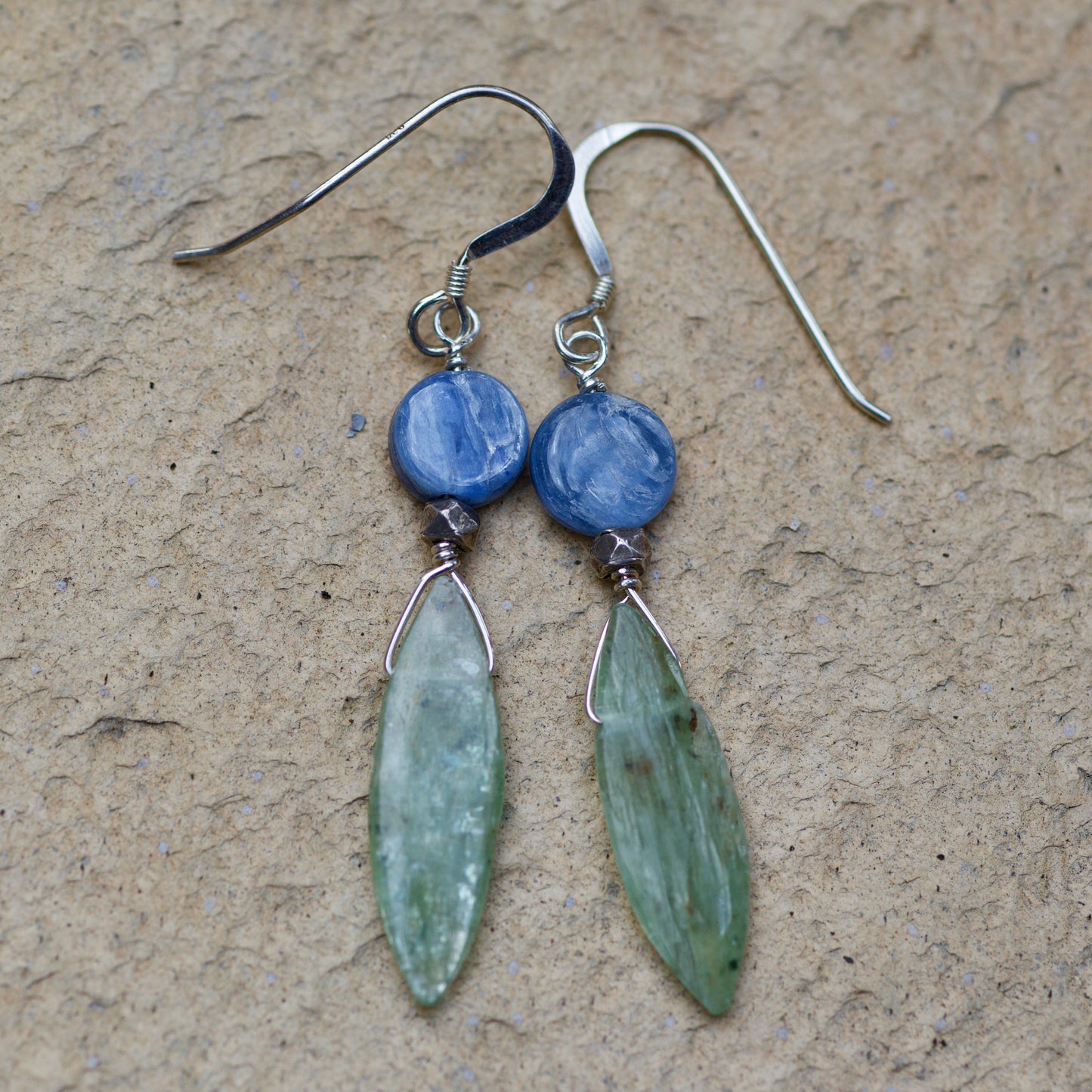 Blue Kyanite, Green Kyanite, and Sterling Silver Earrings