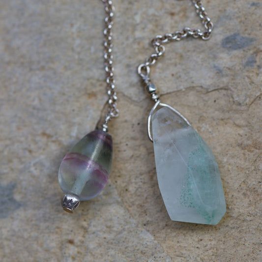 Fluorite, Green Phantom Quartz, Thai and Sterling Silver Double-sided Pendulum