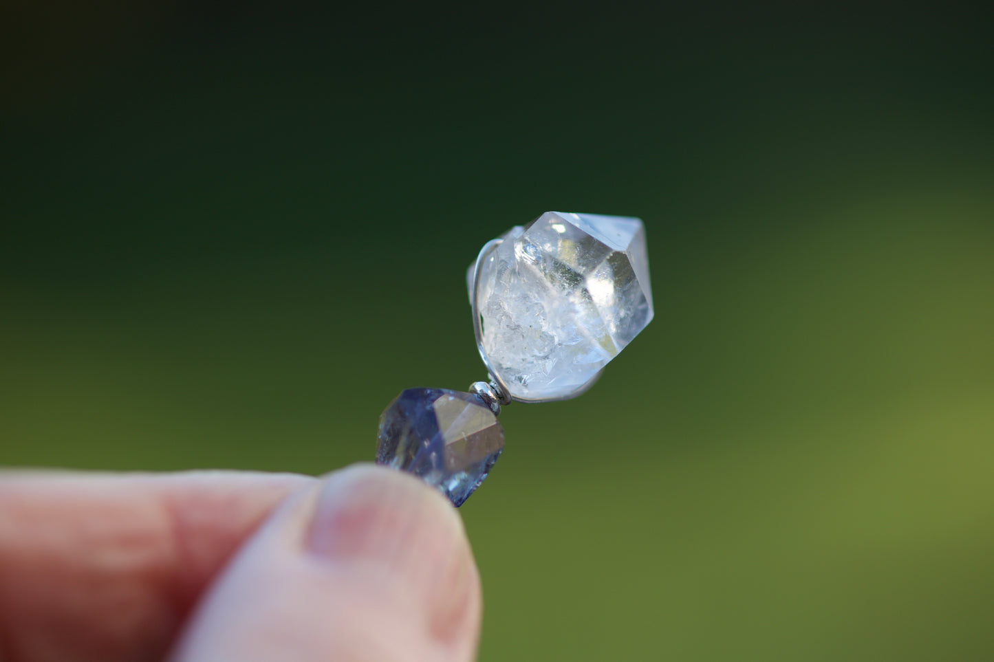 Double Termination Tibetan Quartz Crystal, Iolite, Thai and Sterling Silver Pendant Necklace