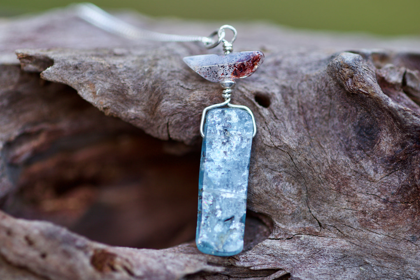 Harlequin /Fire/ Lepidocrosite Quartz, Blue Kyanite, and Sterling Silver Pendant Necklace