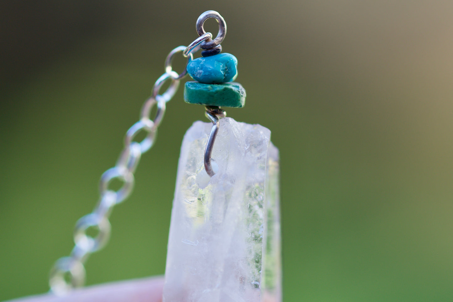Turquoise, Twin Quartz Warior Crystal with Growth Interference and Mineral Coating, and Sterling Silver Double-sided Pendulum