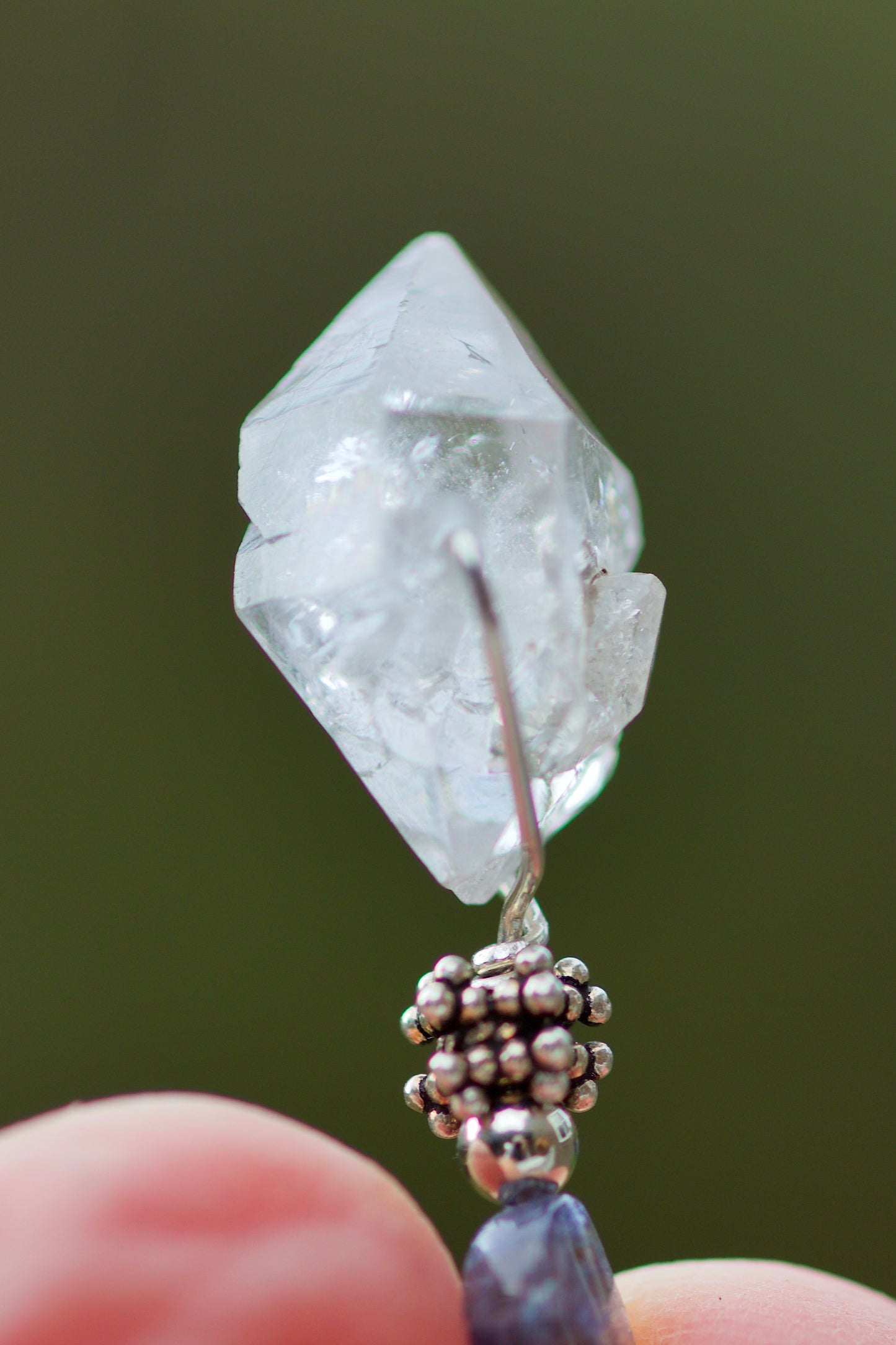 DT Tibetan Clear Quartz Bridge Crystal, Iolite, and Sterling Silver Pendant Necklace