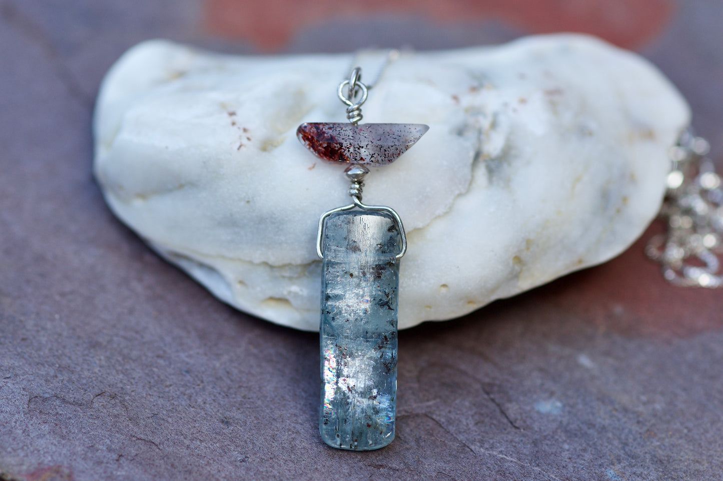 Harlequin /Fire/ Lepidocrosite Quartz, Blue Kyanite, and Sterling Silver Pendant Necklace