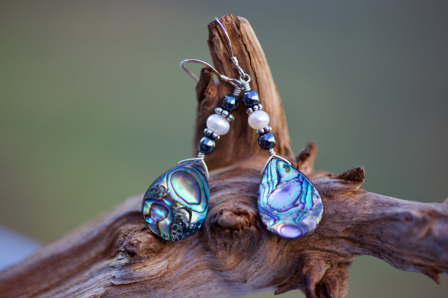 Hematite, Freshwater Pearl, Abalone, and Sterling Silver Earrings
