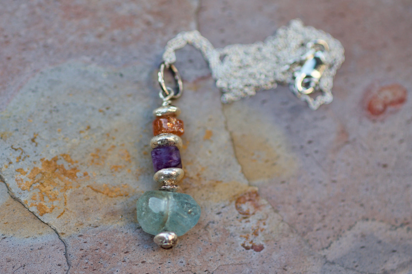 Sunstone, Charoite, Aquamarine, Thai and Sterling Silver Pendant Necklace