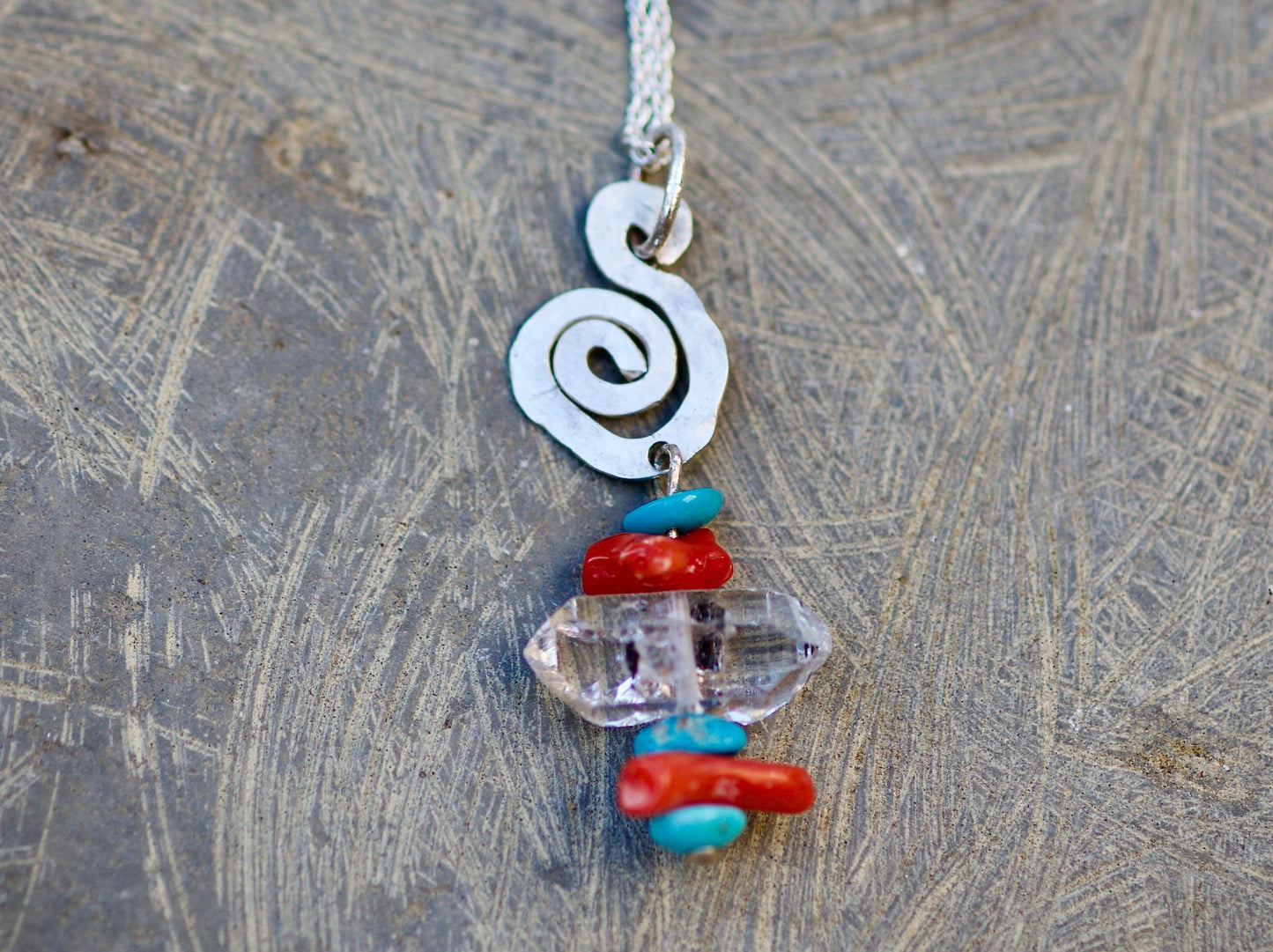 Tibetan Quartz DT Crystal, Turquoise, Red Coral, and Sterling Silver Pendant Necklace