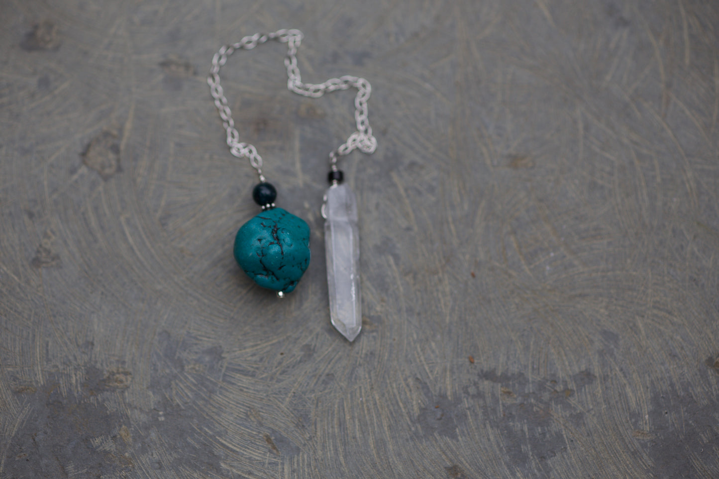 Jasper, Turquoise, Obsidian, Clear Quartz Channeling Crystal Point, and Sterling Silver Double-sided Pendulum