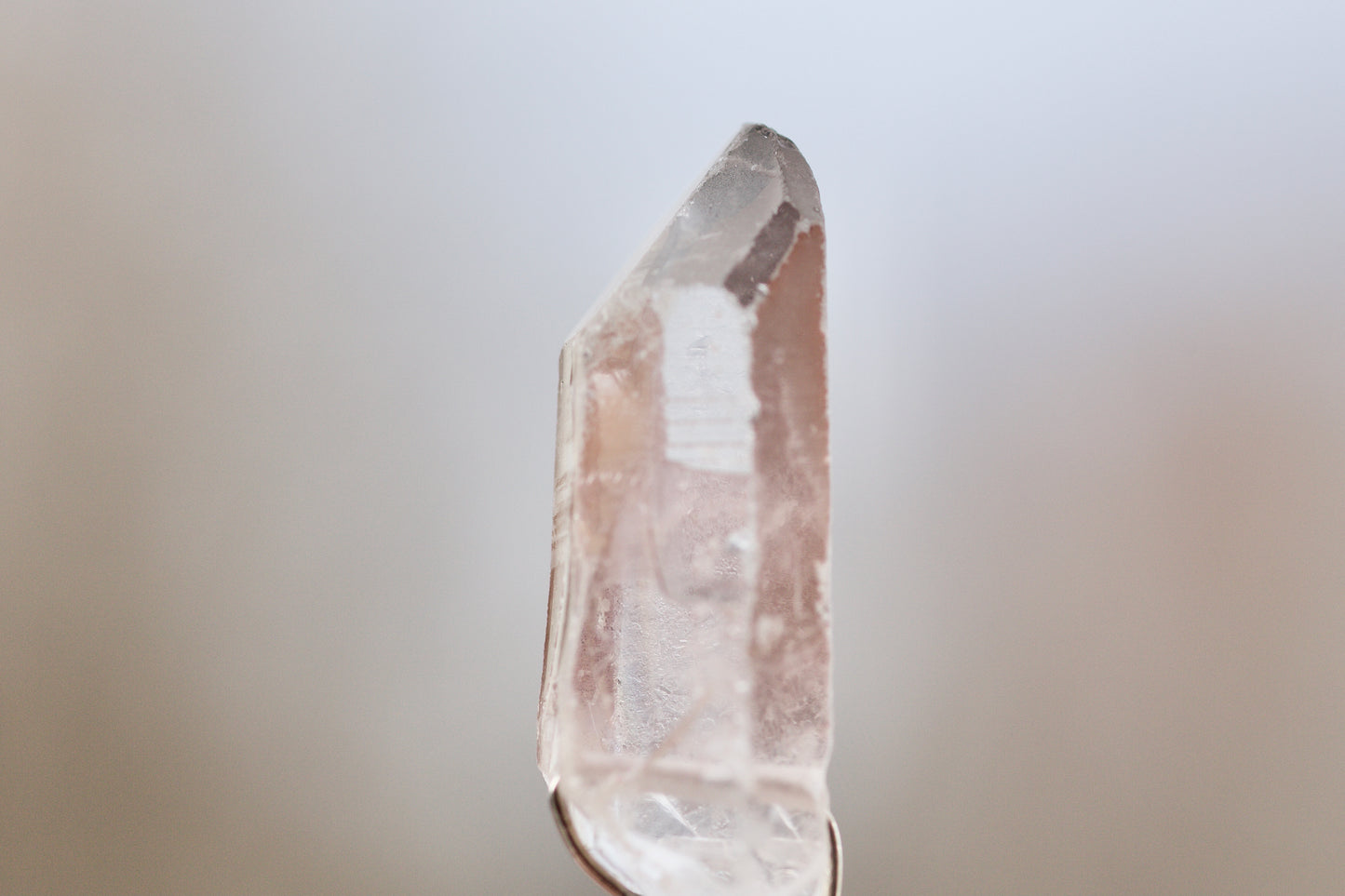 Clear Quartz Shovel Crystal with Pink Mineral Coating, Rainbow, and Future Time Link, Kunzite, and Sterling Silver Pendant Necklace