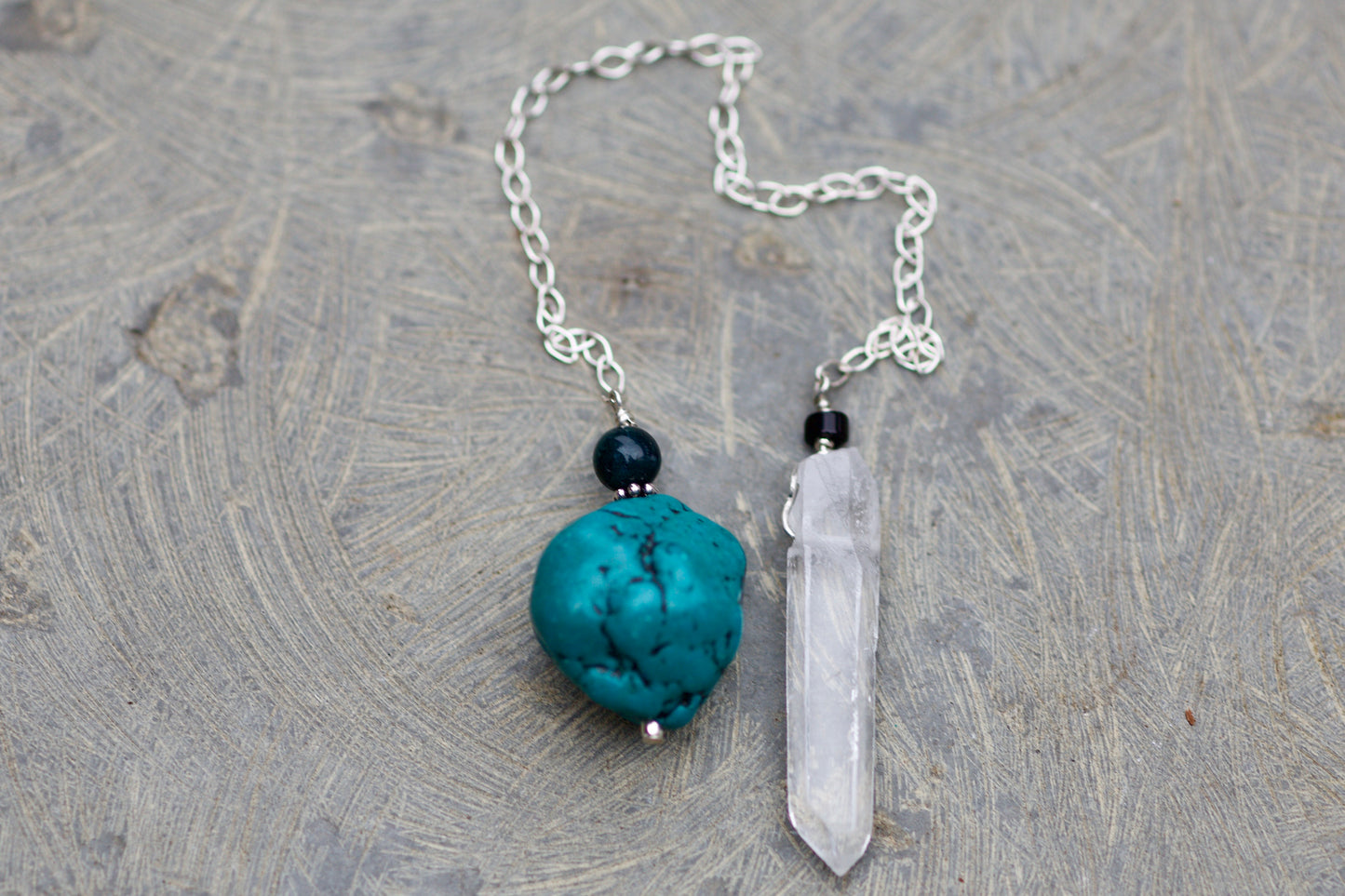 Jasper, Turquoise, Obsidian, Clear Quartz Channeling Crystal Point, and Sterling Silver Double-sided Pendulum