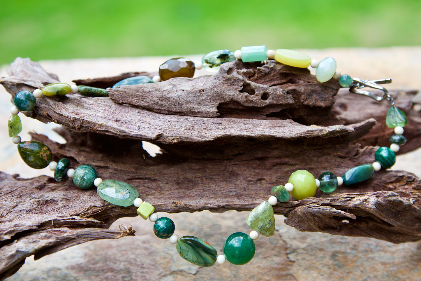 Green Stones, Bone, and Sterling Silver Necklace