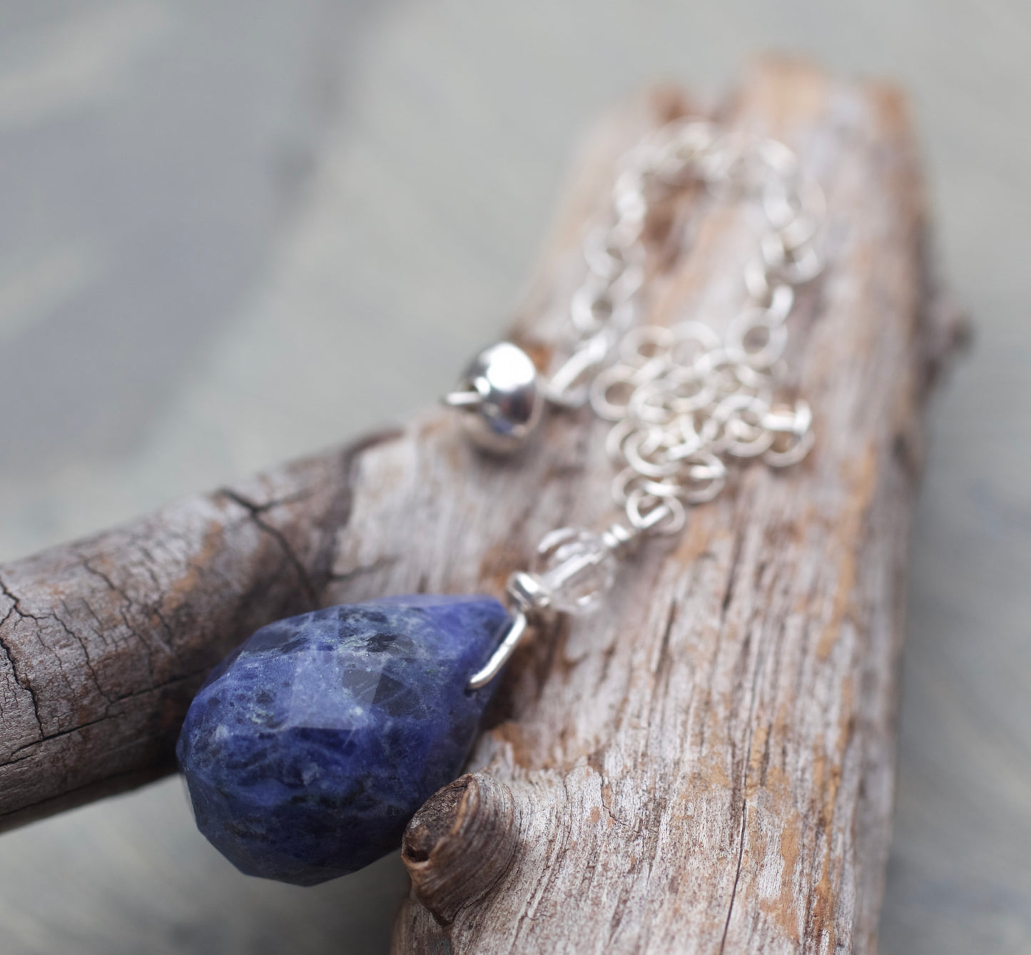 Sodalite, Clear Quartz, and Sterling Silver Pendulum